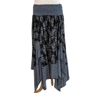 Anthropologie Hazel Boho Skirt peasant asymmetrical hem paisley shirred waist L